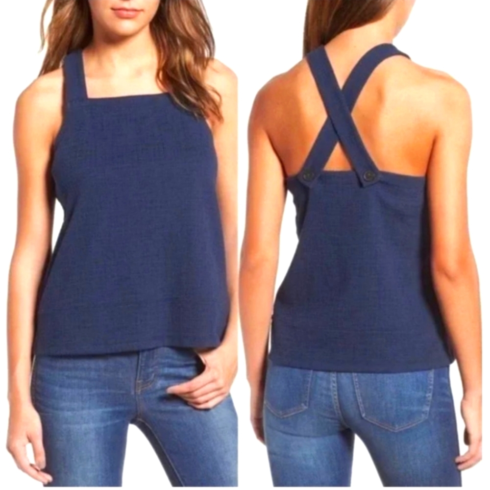 Madewell apron top navy blue linen size small with buttons